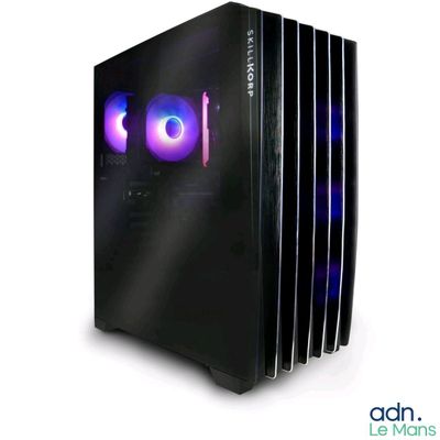 a black computer case with a blue light on it