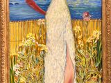 tableau représentant une femme en robe jaune debout dans un champ de fleurs