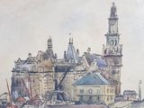 a painting of a large building with a clock tower in the background