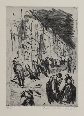 an image of a drawing of a group of people walking down a street