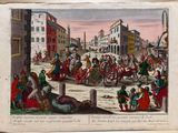 an old book with a drawing of a crowd of people on the street