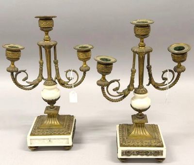 pair of antique brass candelabs with marble bases