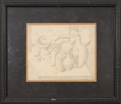 dessin encadré représentant une nature morte avec des vases et des cruches