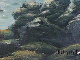 a painting of a group of people walking on a rocky beach