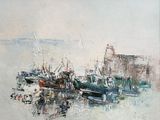 painting of boats in a harbor with a castle in the background