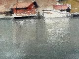a painting of a boat in the water with a house in the background