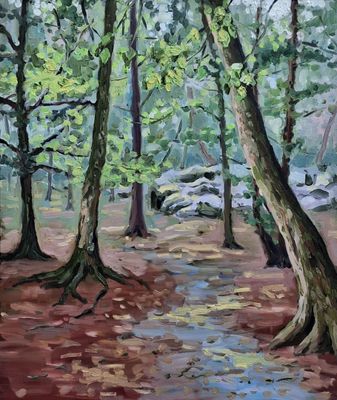 painting of a path in a forest with trees and rocks