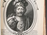 an old book with a picture of a man wearing a crown