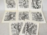 six black and white drawings of people on a table