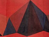 une peinture représentant trois triangles sur fond rouge