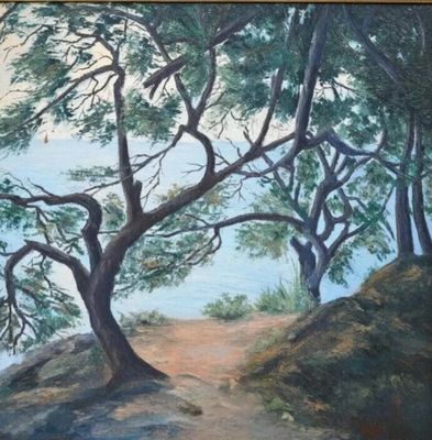 un tableau représentant des arbres sur une colline au bord de l'eau