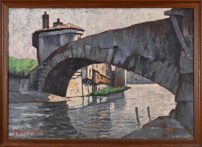 une peinture à l'huile représentant un pont enjambant une rivière sur laquelle navigue un bateau