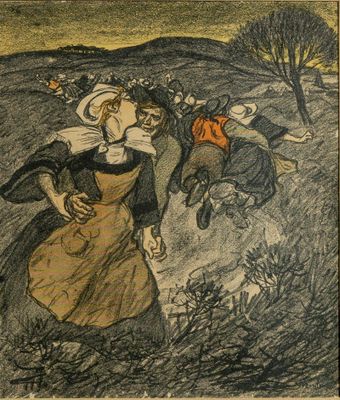 une image représentant un dessin d'une femme en robe et d'un homme à cheval