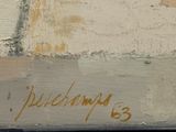 a close up of a painting of a building with a clock on it