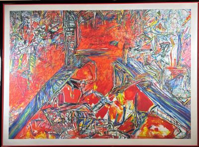tableau représentant une œuvre abstraite rouge et bleue, dans un cadre noir