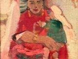 tableau représentant une femme en robe rouge tenant un bébé et un oiseau