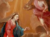 an image of a painting of an angel and a woman in a red dress