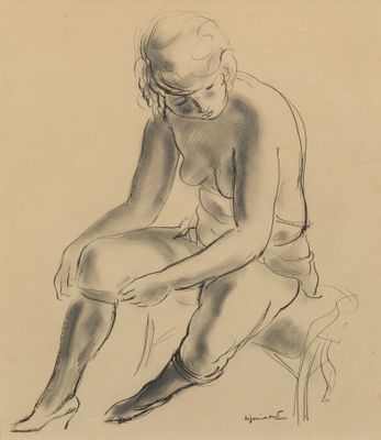 drawing of a man sitting on a chair with his legs crossed