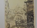 drawing of a street scene with a horse drawn carriage and a church