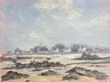 tableau représentant une vue de plage avec des bateaux dans l'eau