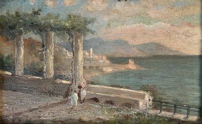 tableau représentant une vue de plage avec des personnes marchant au bord de l'eau
