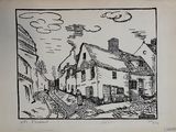 drawing of a street scene with a house and clouds in the sky