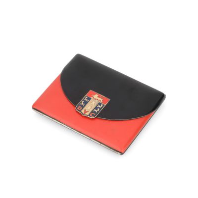 a black and red wallet with a crest on the front