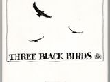 a black bird flying in the sky over a white background
