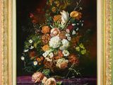 painting of a vase of flowers on a table with a purple cloth