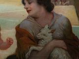 painting of a woman holding a baby and a dog in her lap