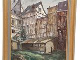 peinture à l'huile d'une scène de rue avec des bâtiments en arrière-plan