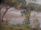 a picture of a painting of a view of a lake