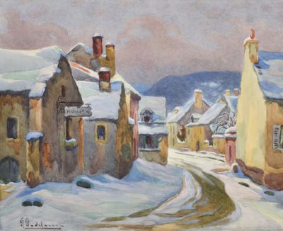 tableau représentant une rue enneigée dans une petite ville