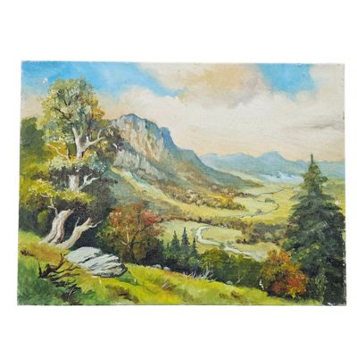 un tableau représentant un paysage de montagne avec des arbres et une rivière