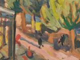 an oil painting of people walking down a street with trees in the background