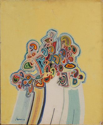 une peinture représentant un vase de fleurs sur fond jaune