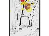 a drawing of a tree with a red flower in the middle of it