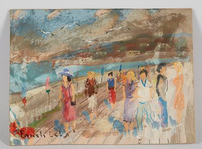 un tableau représentant un groupe de personnes marchant sur une jetée