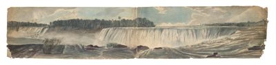 une image représentant une peinture d'une cascade au milieu d'un lac