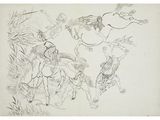 an image of a drawing of a man on a horse and a woman on a horse