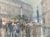 a painting of people walking down the street in the rain