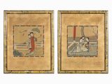 paire de peintures asiatiques représentant une femme et un homme avec des parapluies
