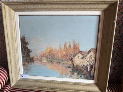 Huile sur toile Paysage en bord de rivière, H.