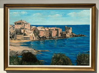 tableau représentant un village au bord de l'eau