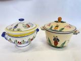 paire de petits bols en céramique avec couvercles, décorés d'oiseaux et de fleurs