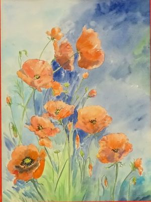 a painting of a bunch of orange flowers in a red frame