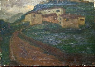une peinture à l'huile représentant une route menant à un village situé sur une colline