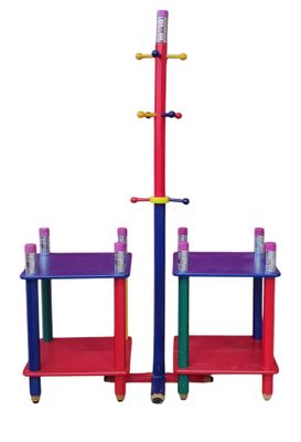 pair of multicolored children ' s toy stands on wheels