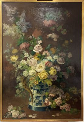 painting of flowers in a blue and white vase on a table