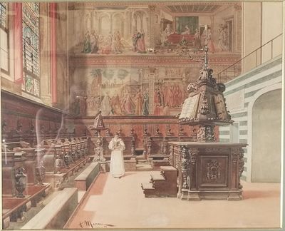 une photo d'un tableau représentant une église devant laquelle se tient une femme